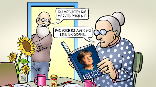 Cartoon: Bio-Grafie (medium) by Harm Bengen tagged merkel,buch,bio,biografie,sonnenblume,susemil,harm,bengen,cartoon,karikatur,merkel,buch,bio,biografie,sonnenblume,susemil,harm,bengen,cartoon,karikatur