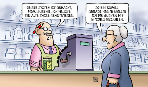 Cartoon: Bitcoins (medium) by Harm Bengen tagged system,gehackt,computer,internet,susemil,hacker,kasse,digital,analog,gurken,bitcoins,geld,währung,bezahlen,harm,bengen,cartoon,karikatur,system,gehackt,computer,internet,susemil,hacker,kasse,digital,analog,gurken,bitcoins,geld,währung,bezahlen,harm,bengen,cartoon,karikatur