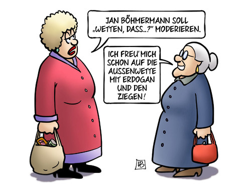 Cartoon: Böhmermann-Wette (medium) by Harm Bengen tagged böhmermann,wetten,dass,moderieren,satire,fernsehsow,aussenwette,erdogan,ziegen,susemil,harm,bengen,cartoon,karikatur,böhmermann,wetten,dass,moderieren,satire,fernsehsow,aussenwette,erdogan,ziegen,susemil,harm,bengen,cartoon,karikatur