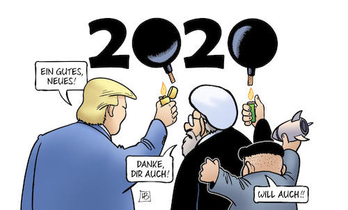 Cartoon: Bombiger Jahreswechsel (medium) by Harm Bengen tagged 2020,jahreswechsel,bombe,usa,iran,trump,feuerzeug,rohani,kim,jong,un,nordkorea,kriegsgefahr,harm,bengen,cartoon,karikatur,2020,jahreswechsel,bombe,usa,iran,trump,feuerzeug,rohani,kim,jong,un,nordkorea,kriegsgefahr,harm,bengen,cartoon,karikatur