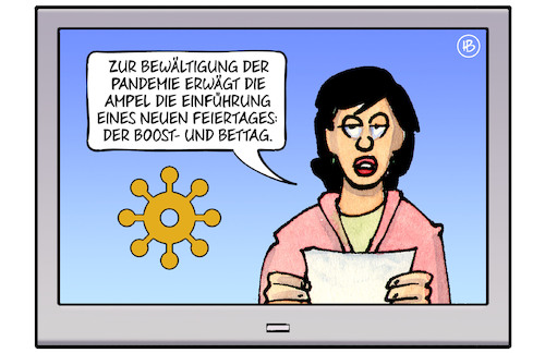 Cartoon: Boost-Tag (medium) by Harm Bengen tagged tv,ansagerin,pandemie,ampel,einführung,feiertage,boost,und,bettag,geboosterte,boostern,impfen,corona,harm,bengen,cartoon,karikatur,tv,ansagerin,pandemie,ampel,einführung,feiertage,boost,und,bettag,geboosterte,boostern,impfen,corona,harm,bengen,cartoon,karikatur