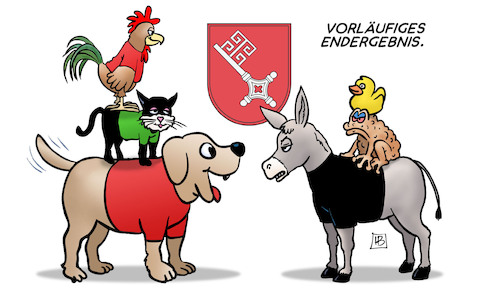 Cartoon: Bremen-Endergebnis (medium) by Harm Bengen tagged vorläufiges,endergebnis,bremen,hochrechnungen,bürgerschaftswahl,kleinstes,bundesland,stadtstaat,wahl,koalition,regieren,regierung,bremer,stadtmusikanten,esel,hund,katze,hahn,kröte,ente,märchen,harm,bengen,cartoon,karikatur,vorläufiges,endergebnis,bremen,hochrechnungen,bürgerschaftswahl,kleinstes,bundesland,stadtstaat,wahl,koalition,regieren,regierung,bremer,stadtmusikanten,esel,hund,katze,hahn,kröte,ente,märchen,harm,bengen,cartoon,karikatur