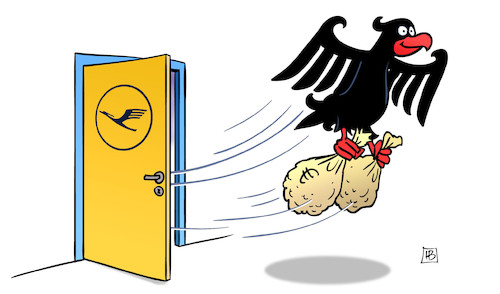 Cartoon: Bund-Gewinn aus Lufthansa (medium) by Harm Bengen tagged bund,gewinn,lufthansa,adler,bundesadler,geldsack,staatsbeteiligung,krise,tuer,harm,bengen,cartoon,karikatur,bund,gewinn,lufthansa,adler,bundesadler,geldsack,staatsbeteiligung,krise,tuer,harm,bengen,cartoon,karikatur