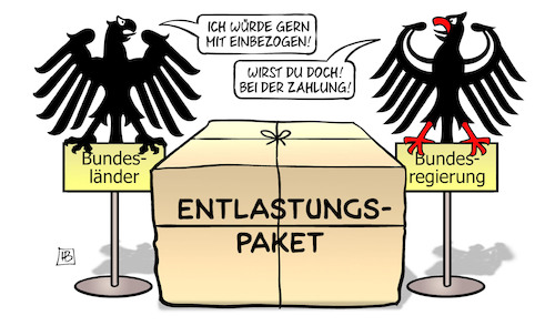 Cartoon: Bundesländer-Beteiligung (medium) by Harm Bengen tagged entlastungspaket,bundesländer,bundesrat,bundesregierung,bundesadler,adler,paket,finanzen,zahlung,beteiligung,bengen,cartoon,karikatur,entlastungspaket,bundesländer,bundesrat,bundesregierung,bundesadler,adler,paket,finanzen,zahlung,beteiligung,bengen,cartoon,karikatur