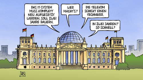 Cartoon: Bundestag und Telekom (medium) by Harm Bengen tagged system,erneuerung,zwei,jahre,telekom,techniker,schnell,bundestag,it,sicherheit,netzwerk,trojaner,austauschen,hardware,software,spionage,computer,internet,netz,harm,bengen,cartoon,karikatur,system,erneuerung,zwei,jahre,telekom,techniker,schnell,bundestag,it,sicherheit,netzwerk,trojaner,austauschen,hardware,software,spionage,computer,internet,netz,harm,bengen,cartoon,karikatur