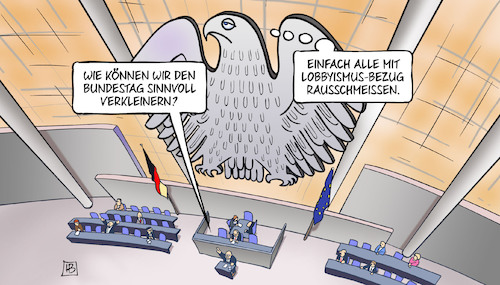 Cartoon: Bundestagsverkleinerung (medium) by Harm Bengen tagged bundestag,verkleinern,abgeordnetenzahl,lobbyismus,lobbyisten,rausschmeissen,bundesadler,adler,harm,bengen,cartoon,karikatur,bundestag,verkleinern,abgeordnetenzahl,lobbyismus,lobbyisten,rausschmeissen,bundesadler,adler,harm,bengen,cartoon,karikatur