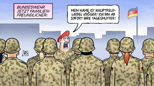 Cartoon: Bundeswehr familienfreundlicher (medium) by Harm Bengen tagged hauptfeldwebel,tagesmutter,bundeswehr,familienfreundlicher,von,der,leyen,verteidigungsministerin,kinder,kita,kaserne,familie,beruf,mutter,soldat,harm,bengen,cartoon,karikatur,hauptfeldwebel,tagesmutter,bundeswehr,familienfreundlicher,von,der,leyen,verteidigungsministerin,kinder,kita,kaserne,familie,beruf,mutter,soldat,harm,bengen,cartoon,karikatur