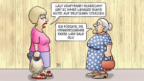 Cartoon: Bunte Autos (medium) by Harm Bengen tagged kraftfahrt,bundesamt,weniger,bunte,autos,vorherrschende,farbe,oliv,susemil,jutta,kriegsangst,harm,bengen,cartoon,karikatur,kraftfahrt,bundesamt,weniger,bunte,autos,vorherrschende,farbe,oliv,susemil,jutta,kriegsangst,harm,bengen,cartoon,karikatur