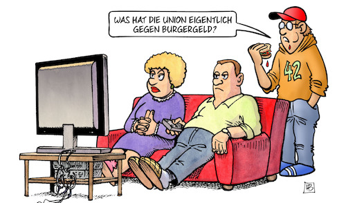 Cartoon: Burgergeld (medium) by Harm Bengen tagged union,cdu,csu,burgergeld,bürgergeld,tv,kind,eltern,burger,hamburger,essen,harm,bengen,cartoon,karikatur,union,cdu,csu,burgergeld,bürgergeld,tv,kind,eltern,burger,hamburger,essen,harm,bengen,cartoon,karikatur