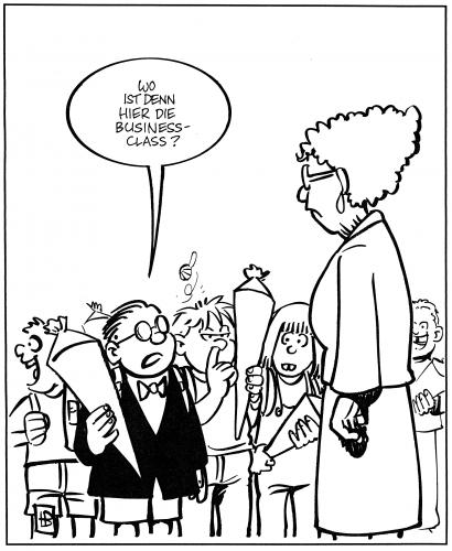 Cartoon: Businessclass (medium) by Harm Bengen tagged schule,einschulung,erstklässler,schultüte,geschäft,business,bildung,lehrer,lehrerin,pädagoge,pädagogik,grundschule,mitschüler,infantil,kindisch,erzieher,erziehung,einpauken,kapitalismus,manager,elite,trennung