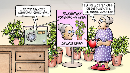 Cartoon: Cannabis-Werbung (medium) by Harm Bengen tagged suzannes,home,grown,weed,neue,ernte,besitz,werbung,verboten,cannabis,legalisierung,radio,plakate,susemil,giesskanne,harm,bengen,cartoon,karikatur,suzannes,home,grown,weed,neue,ernte,besitz,werbung,verboten,cannabis,legalisierung,radio,plakate,susemil,giesskanne,harm,bengen,cartoon,karikatur