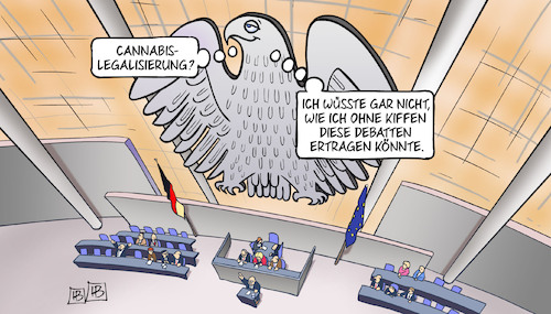 Cartoon: Cannabis im Bundestag (medium) by Harm Bengen tagged cannabis,legalisierung,bundestag,kiffen,debatten,ertragen,adler,bundesadler,harm,bengen,cartoon,karikatur,cannabis,legalisierung,bundestag,kiffen,debatten,ertragen,adler,bundesadler,harm,bengen,cartoon,karikatur