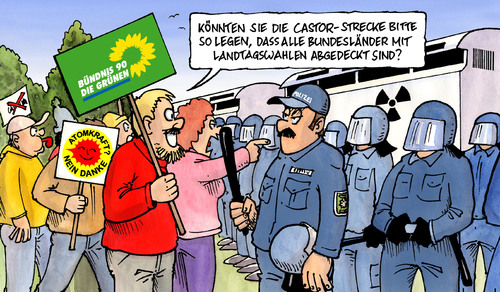 Cartoon: Castor-Route (medium) by Harm Bengen tagged castortransport,transport,route,grüne,polizei,landtagswahlen,strecke,atomkraft,kernkraft,radioaktiv,demo,demonstration,blockade,schottern,castortransport,castor,transport,grüne,polizei,landtagswahlen,strecke,atomkraft,kernkraft,radioaktiv,demo,demonstration,blockade,schottern