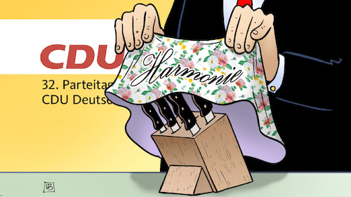 Cartoon: CDU-Harmonie (medium) by Harm Bengen tagged harmonie,cdu,parteitag,akk,kramp,karrenbauer,personaldebatte,merz,messerblock,zudecken,harm,bengen,cartoon,karikatur,harmonie,cdu,parteitag,akk,kramp,karrenbauer,personaldebatte,merz,messerblock,zudecken,harm,bengen,cartoon,karikatur