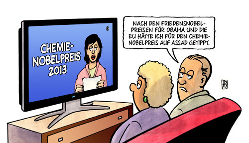 Cartoon: Chemie-Nobelpreis (medium) by Harm Bengen tagged nobelpreis,friedensnobelpreis,obama,assad,syrien,giftgas,eu,chemienobelpreis,chemie,2013,harm,bengen,cartoon,karikatur,nobelpreis,friedensnobelpreis,obama,assad,syrien,giftgas,eu,chemienobelpreis,chemie,2013,harm,bengen,cartoon,karikatur