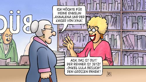 Cartoon: China-Bücher (medium) by Harm Bengen tagged buchladen,buchhandlung,enkelin,annalena,baerbock,kaiser,xina,china,kinderbuch,kinderbücher,onkel,lula,panda,brasilien,besuch,aussenministerin,harm,bengen,cartoon,karikatur,buchladen,buchhandlung,enkelin,annalena,baerbock,kaiser,xina,china,kinderbuch,kinderbücher,onkel,lula,panda,brasilien,besuch,aussenministerin,harm,bengen,cartoon,karikatur