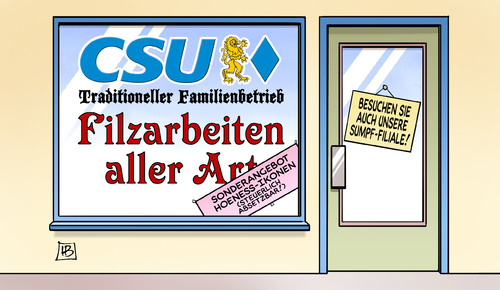 Cartoon: CSU-Filz (medium) by Harm Bengen tagged csu,filz,sumpf,bayern,hoeness,ikone,fussball,steuer,betrug,geld,familienangehoerige,beschaeftigung,seehofer,stewens,schmid,ruecktritt,fraktionsvorsitz,partei,harm,bengen,cartoon,karikatur,csu,filz,sumpf,bayern,hoeness,ikone,fussball,steuer,betrug,geld,familienangehoerige,beschaeftigung,seehofer,stewens,schmid,ruecktritt,fraktionsvorsitz,partei,harm,bengen,cartoon,karikatur