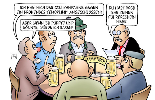 Cartoon: CSU und Tempolimit (medium) by Harm Bengen tagged csu,bayern,kampagne,temoplimit,führerschein,stammtisch,alkohol,raser,rasen,harm,bengen,cartoon,karikatur,csu,bayern,kampagne,temoplimit,führerschein,stammtisch,alkohol,raser,rasen,harm,bengen,cartoon,karikatur