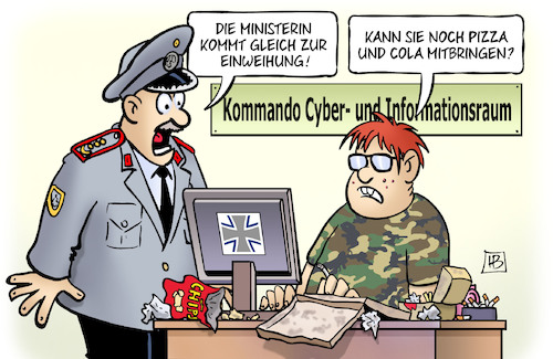 Cartoon: Cyber-Armee (medium) by Harm Bengen tagged cyber,armee,bundeswehr,ministerin,einweihung,nerd,general,pizza,cola,kommando,informationsraum,krieg,computer,hacker,harm,bengen,cartoon,karikatur,cyber,armee,bundeswehr,ministerin,einweihung,nerd,general,pizza,cola,kommando,informationsraum,krieg,computer,hacker,harm,bengen,cartoon,karikatur