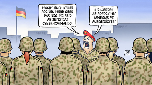 Cartoon: Cyber-Kommando (medium) by Harm Bengen tagged sorgen,g36,gewehr,bundeswehr,armee,militär,cyber,kommando,windows,98,computer,it,hacker,abwehr,harm,bengen,cartoon,karikatur,sorgen,g36,gewehr,bundeswehr,armee,militär,cyber,kommando,windows,98,computer,it,hacker,abwehr,harm,bengen,cartoon,karikatur