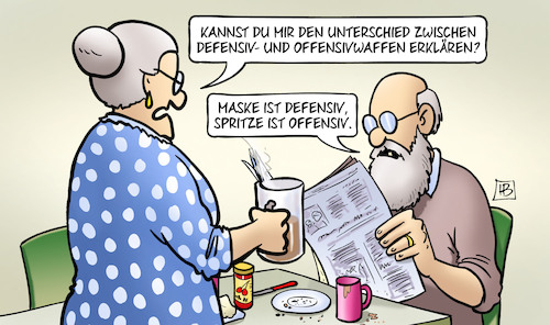 Cartoon: Defensiv und Offensiv (medium) by Harm Bengen tagged unterschied,defensivwaffen,offensivwaffen,maske,defensiv,spritze,offensiv,susemil,impfpflicht,corona,russland,ukraine,krieg,harm,bengen,cartoon,karikatur,unterschied,defensivwaffen,offensivwaffen,maske,defensiv,spritze,offensiv,susemil,impfpflicht,corona,russland,ukraine,krieg,harm,bengen,cartoon,karikatur