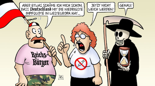 Cartoon: Deutsche Impfquote (medium) by Harm Bengen tagged deutschland,niedrigste,impfquote,westeuropa,reichbürger,impfgegnerin,impfen,tod,corona,harm,bengen,cartoon,karikatur,deutschland,niedrigste,impfquote,westeuropa,reichbürger,impfgegnerin,impfen,tod,corona,harm,bengen,cartoon,karikatur