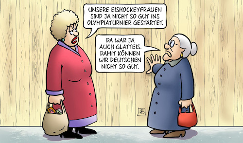 Cartoon: Deutsche und Glatteis (medium) by Harm Bengen tagged eishockeyfrauen,olympiaturnier,deutsche,glatteis,winter,olympia,susemil,jutta,zaun,harm,bengen,cartoon,karikatur,eishockeyfrauen,olympiaturnier,deutsche,glatteis,winter,olympia,susemil,jutta,zaun,harm,bengen,cartoon,karikatur