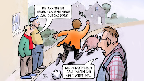 Cartoon: Dienstpflicht (medium) by Harm Bengen tagged akk,verteidigungsministerin,kramp,karrenbauer,neue,sau,durchs,dorf,dienstpflicht,cdu,jugend,harm,bengen,cartoon,karikatur,akk,verteidigungsministerin,kramp,karrenbauer,neue,sau,durchs,dorf,dienstpflicht,cdu,jugend,harm,bengen,cartoon,karikatur