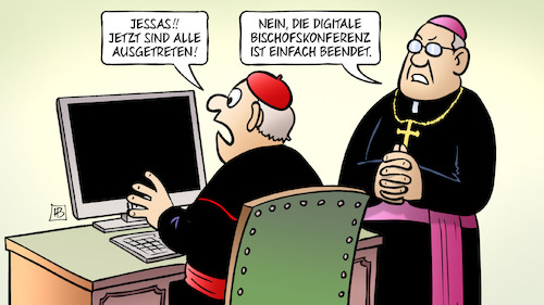 Cartoon: Digitale Bischofskonferenz (medium) by Harm Bengen tagged jessas,kirchenaustritte,computer,ausgetreten,digitale,bischofskonferenz,priester,geistliche,katholisch,harm,bengen,cartoon,karikatur,jessas,kirchenaustritte,computer,ausgetreten,digitale,bischofskonferenz,priester,geistliche,katholisch,harm,bengen,cartoon,karikatur