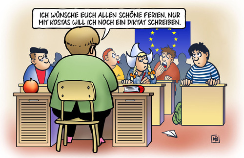 Cartoon: Diktat (medium) by Harm Bengen tagged ferien,kostas,diktat,schule,lehrerin,merkel,europa,eu,grexit,troika,institutionen,ezb,iwf,griechenland,pleite,schulden,harm,bengen,cartoon,karikatur,ferien,kostas,diktat,schule,lehrerin,merkel,europa,eu,grexit,troika,institutionen,ezb,iwf,griechenland,pleite,schulden,harm,bengen,cartoon,karikatur