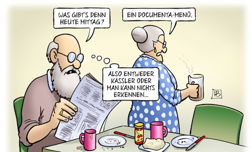 Cartoon: Documenta-Menü (medium) by Harm Bengen tagged mittagessen,documenta,menü,kassler,kassel,kunst,susemil,harm,bengen,cartoon,karikatur,mittagessen,documenta,menü,kassler,kassel,kunst,susemil,harm,bengen,cartoon,karikatur