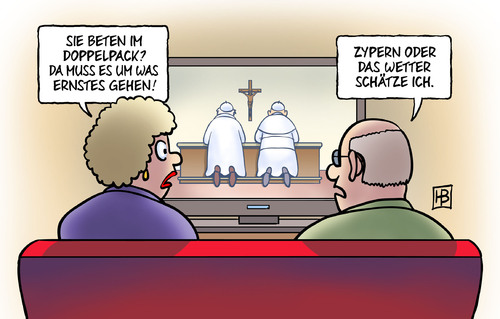 Cartoon: Doppelpack (medium) by Harm Bengen tagged beten,papst,franziskus,benedikt,vatikan,zypern,krise,euro,schulden,banken,wetter,treffen,harm,bengen,cartoon,karikatur,beten,papst,franziskus,benedikt,vatikan,zypern,krise,euro,schulden,banken,wetter,treffen,harm,bengen,cartoon,karikatur