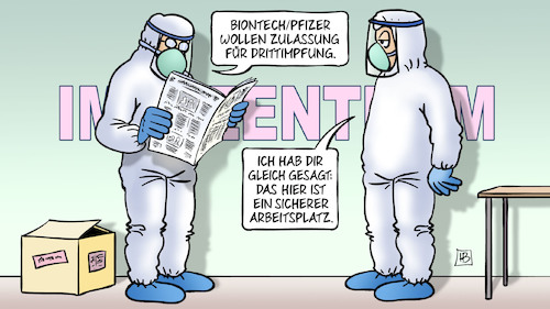 Cartoon: Drittimpfung (medium) by Harm Bengen tagged biontech,pfizer,zulassung,drittimpfung,sicherer,arbeitsplatz,mutation,variante,corona,impfzentrum,impfen,zeitung,lesen,harm,bengen,cartoon,karikatur,biontech,pfizer,zulassung,drittimpfung,sicherer,arbeitsplatz,mutation,variante,corona,impfzentrum,impfen,zeitung,lesen,harm,bengen,cartoon,karikatur