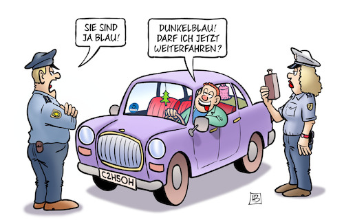 Cartoon: Dunkelblaue Plakette (medium) by Harm Bengen tagged dunkelblaue,plakette,polizei,alkohol,betrunken,diesel,fahrverbote,harm,bengen,cartoon,karikatur,dunkelblaue,plakette,polizei,alkohol,betrunken,diesel,fahrverbote,harm,bengen,cartoon,karikatur