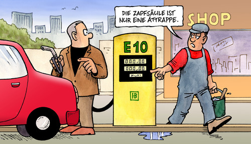 Cartoon: E10-Attrappe (medium) by Harm Bengen tagged e10,attrappe,tanken,tankstelle,tankwart,kunde,zapfsäule,benzin,benzingipfel,bio,weizen,mais,flop,adac,auto,autoindustrie,bundesregierung,röttgen,brüderle,e10,attrappe,tanken,tankwart,kunde,benzin,benzingipfel,bio,mais