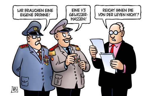 Cartoon: Eigenes Drohnenprojekt (medium) by Harm Bengen tagged drohne,v3,militaer,bundeswehr,ruestungsindustrie,von,der,leyen,verteidigungsministerium,verteidigungsministerin,harm,bengen,cartoon,karikatur,drohne,v3,militaer,bundeswehr,ruestungsindustrie,von,der,leyen,verteidigungsministerium,verteidigungsministerin,harm,bengen,cartoon,karikatur