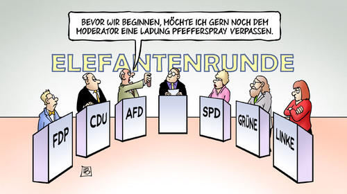 Cartoon: Elefantenrunde (medium) by Harm Bengen tagged elefantenrunde,tv,diskussion,wahl,moderator,journalisten,pfefferspray,fdp,cdu,afd,spd,gruene,linke,parteien,harm,bengen,cartoon,karikatur,elefantenrunde,tv,diskussion,wahl,moderator,journalisten,pfefferspray,fdp,cdu,afd,spd,gruene,linke,parteien,harm,bengen,cartoon,karikatur