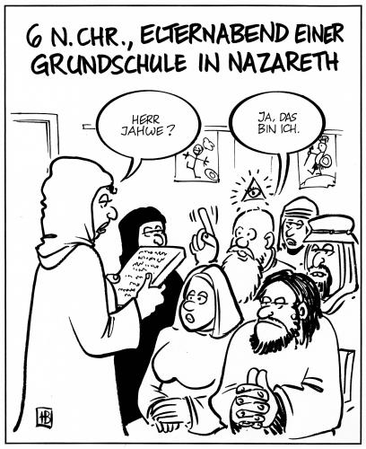 Cartoon: Elternabend (medium) by Harm Bengen tagged elternabend,jesus,gott,vater,jahwe,nazareth,grundschule,schule,palästina,bildung,eltern,religion,bibel,glaube,glaubensrichtung,himmel,jesus christus,christentum,katholische,kirche,christus