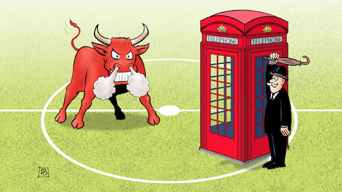 Cartoon: EM-Endspiel 2024 (medium) by Harm Bengen tagged stier,telefonzelle,england,spanien,em,fussball,harm,bengen,cartoon,karikatur,stier,telefonzelle,england,spanien,em,fussball,harm,bengen,cartoon,karikatur