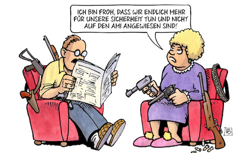 Cartoon: Endlich Sicherheit (medium) by Harm Bengen tagged sicherheit,ami,waffen,usa,aufrüstung,schutz,harm,bengen,cartoon,karikatur,sicherheit,ami,waffen,usa,aufrüstung,schutz,harm,bengen,cartoon,karikatur