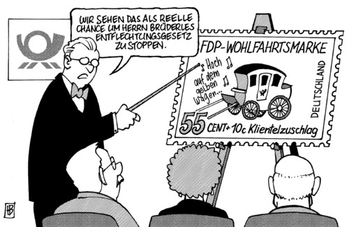 Cartoon: Entflechtungsgesetz (medium) by Harm Bengen tagged entflechtungsgesetz,fdp,brüderle,post,monopol,briefmarke,zustellung,kartellamt