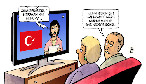 Cartoon: Erdogan und Wahlkampf (medium) by Harm Bengen tagged staatspräsident,erdogan,türkei,gepupst,wahlkampf,riechen,tv,harm,bengen,cartoon,karikatur,staatspräsident,erdogan,türkei,gepupst,wahlkampf,riechen,tv,harm,bengen,cartoon,karikatur