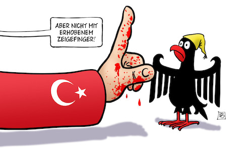 Cartoon: Erhobener Zeigefinger (medium) by Harm Bengen tagged erhobener,zeigefinger,deutschland,maas,türkei,syrien,krieg,einmarsch,invasion,besetzung,kurden,blut,bundesadler,adler,michel,hand,harm,bengen,cartoon,karikatur,erhobener,zeigefinger,deutschland,maas,türkei,syrien,krieg,einmarsch,invasion,besetzung,kurden,blut,bundesadler,adler,michel,hand,harm,bengen,cartoon,karikatur