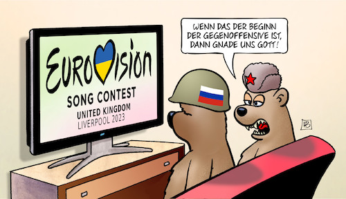 Cartoon: ESC 2023 (medium) by Harm Bengen tagged beginn,gegenoffensive,tv,eurovision,song,contest,esc,liverpool,bären,russland,ukraine,krieg,harm,bengen,cartoon,karikatur,beginn,gegenoffensive,tv,eurovision,song,contest,esc,liverpool,bären,russland,ukraine,krieg,harm,bengen,cartoon,karikatur