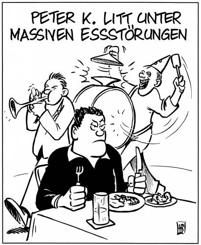 Cartoon: Essstörungen (medium) by Harm Bengen tagged essstörungen,essen,bulemie,magersüchtig,appetit,appetitlosigkeit,hunger,restaurant,krach,störung,verdauung,krank,kapelle,lärmbelästigung,unterbrechung,aufhalten,gastronomie,schönheitswahn,idealgewicht,gewicht,gewichtskontrolle,gewichtsabnahme,zwanghafte kontrolle,schlankheitswahn,schlank,ideale,diät,psychische störung,zwanghafte,kontrolle,psychische