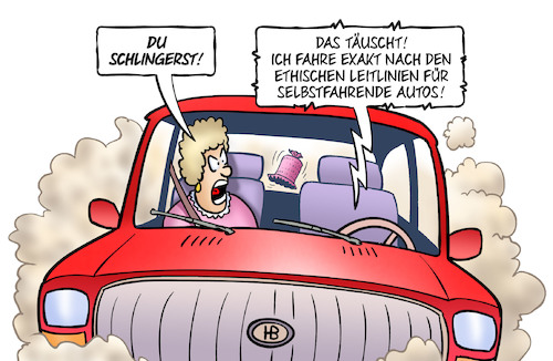 Cartoon: Ethische Leitlinien (medium) by Harm Bengen tagged schlingern,ethische,leitlinien,selbstfahrende,autos,autonomes,fahren,kfz,harm,bengen,cartoon,karikatur,schlingern,ethische,leitlinien,selbstfahrende,autos,autonomes,fahren,kfz,harm,bengen,cartoon,karikatur