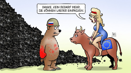 Cartoon: EU-Kohle-Embargo (medium) by Harm Bengen tagged bär,stahlhelm,eu,europa,stier,kohle,embargo,russland,ukraine,krieg,harm,bengen,cartoon,karikatur,bär,stahlhelm,eu,europa,stier,kohle,embargo,russland,ukraine,krieg,harm,bengen,cartoon,karikatur