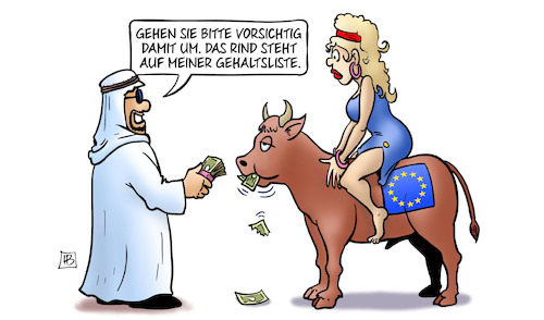 Cartoon: EU-Korruption (medium) by Harm Bengen tagged parlamentsvizepräsidentin,katar,eu,europa,korrution,bestechung,geld,kaili,rind,stier,gehaltsliste,harm,bengen,cartoon,karikatur,parlamentsvizepräsidentin,katar,eu,europa,korrution,bestechung,geld,kaili,rind,stier,gehaltsliste,harm,bengen,cartoon,karikatur