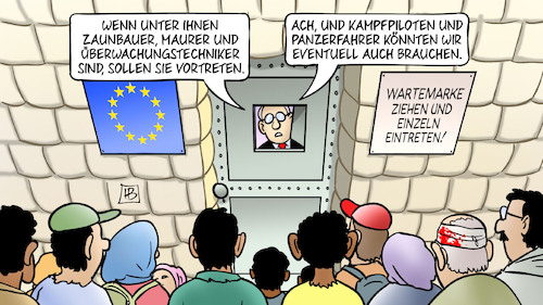 Cartoon: EU-Migrationspolitik (medium) by Harm Bengen tagged eu,europa,tor,tür,festung,migrationspolitik,zaunbauer,maurer,überwachungstechniker,flüchtlinge,fachkräfte,abschottung,kampfpiloten,panzerfahrer,gipfel,krieg,ukraine,russland,harm,bengen,cartoon,karikatur,eu,europa,tor,tür,festung,migrationspolitik,zaunbauer,maurer,überwachungstechniker,flüchtlinge,fachkräfte,abschottung,kampfpiloten,panzerfahrer,gipfel,krieg,ukraine,russland,harm,bengen,cartoon,karikatur