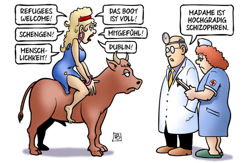 Cartoon: EU Schizophren (medium) by Harm Bengen tagged refugees,welcome,boot,voll,menschlichkeit,schengen,mitgefuehl,dublin,schizophren,arzt,krankenschwester,eu,europa,stier,fluechtlinge,asyl,rassismus,fremdenfeindlichkeit,nationalismus,harm,bengen,cartoon,karikatur,refugees,welcome,boot,voll,menschlichkeit,schengen,mitgefuehl,dublin,schizophren,arzt,krankenschwester,eu,europa,stier,fluechtlinge,asyl,rassismus,fremdenfeindlichkeit,nationalismus,harm,bengen,cartoon,karikatur